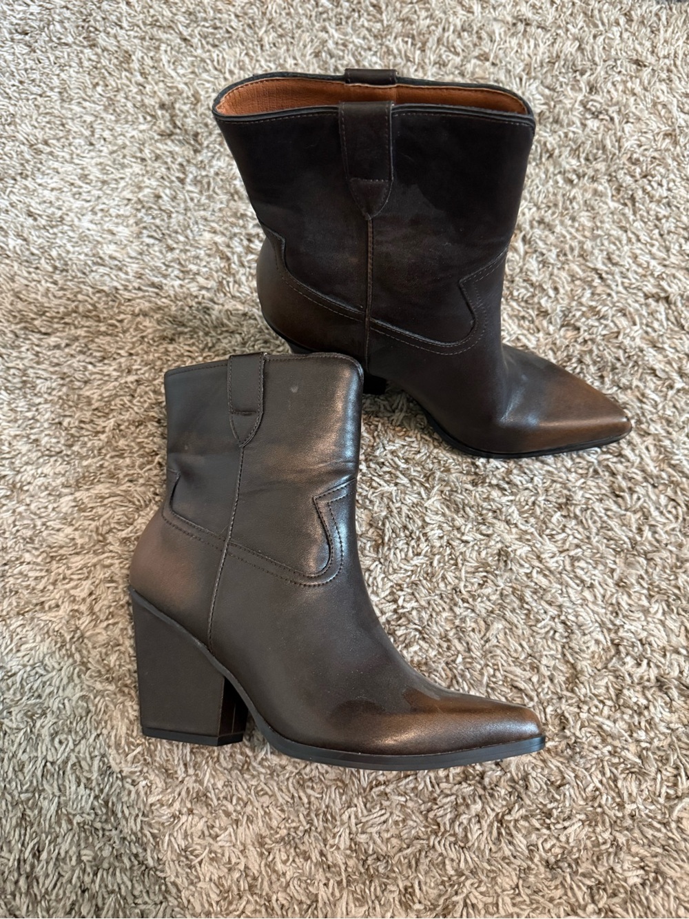 Women's Black Leather Mid-Calf Block Heel Western Boots
